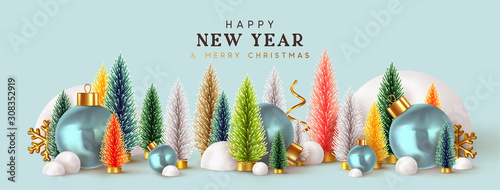Happy New Year. Xmas design background, Christmas trees, Decorative balls, snow drifts. Holiday gift card, Festive poster, web banner, header for website. Winter season with traditional elements.