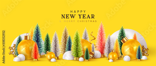 Happy New Year. Xmas design background, Christmas trees, Decorative balls, snow drifts. Holiday gift card, Festive poster, web banner, header for website. Winter season with traditional elements.