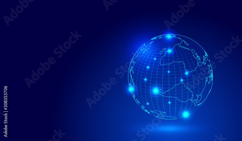 The world map sphere, the dot line connection constructs the globalization, the internationalization network science and technology background