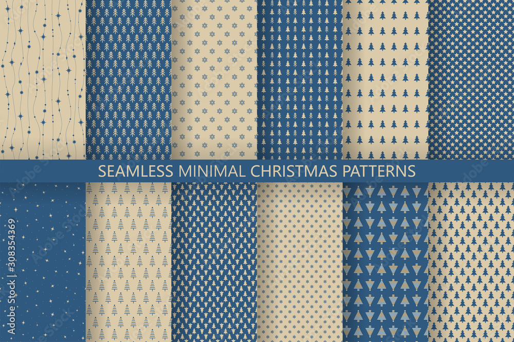 Collection of minimal seamless Christmas patterns in retro colors. Christmas and New Year design. Vector illustration with trees, snowflakes and stars Collection of minimal seamless Christmas patterns in retro colors. Christmas and New Year design. Vector illustration with trees, snowflakes and stars