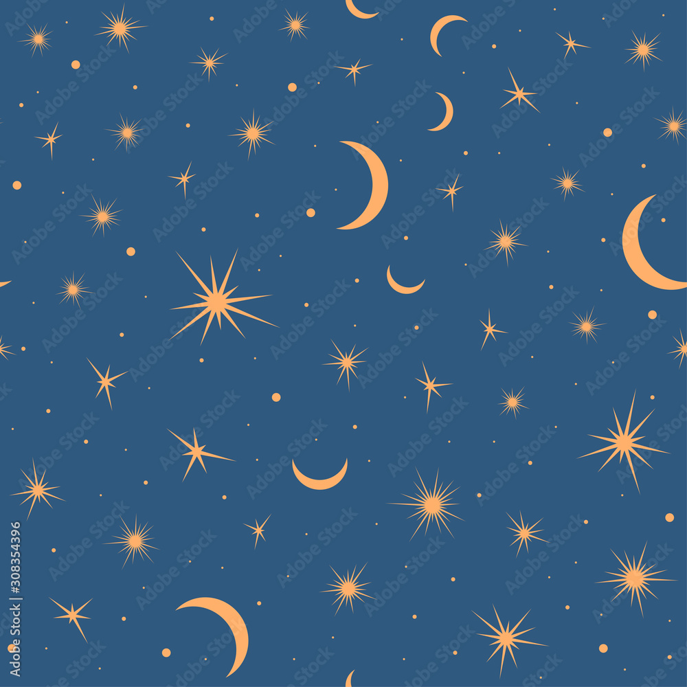 Fototapeta premium Seamless pattern with suns, moons and stars. Vector gold and blue illustration. Print could be used for textile, zodiac star yoga mat, underwear