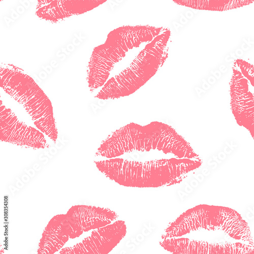Seamless pattern pink lips kisses prints. Valentines day background