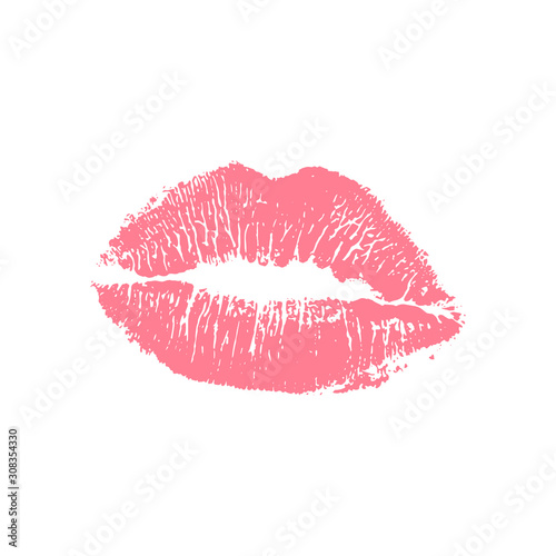 Vector illustration of womans girl pink lipstick kiss mark isolated on white background. Valentines day icon, sign, symbol, clip art for design.