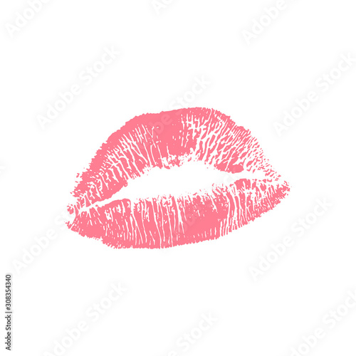 Vector illustration of womans girl pink lipstick kiss mark isolated on white background. Valentines day icon, sign, symbol, clip art for design.