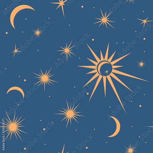 Seamless pattern with suns, moons and stars. Vector gold and blue illustration. Print could be used for textile, zodiac star yoga mat, underwear