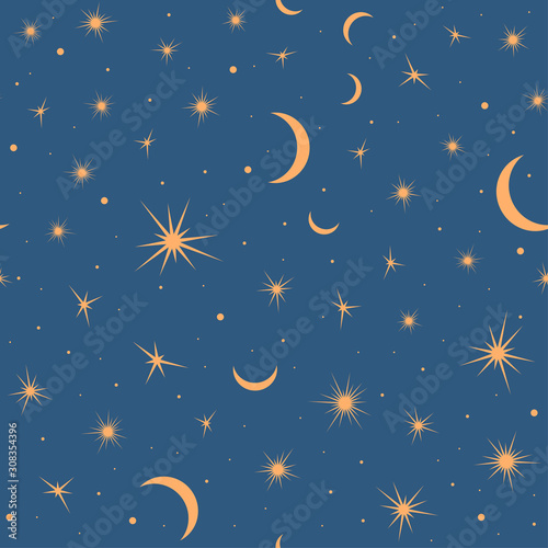 Seamless pattern with suns, moons and stars. Vector gold and blue illustration. Print could be used for textile, zodiac star yoga mat, underwear