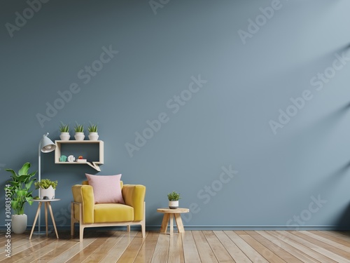 Living room with wooden table and yellow armchair.