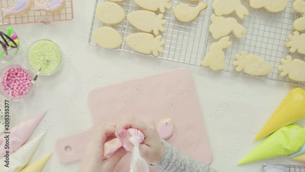 Step by step. Flat lay. Decorating Easter sugar cookies with royal icing. Step by step. Flat lay. Decorating Easter sugar cookies with royal icing.