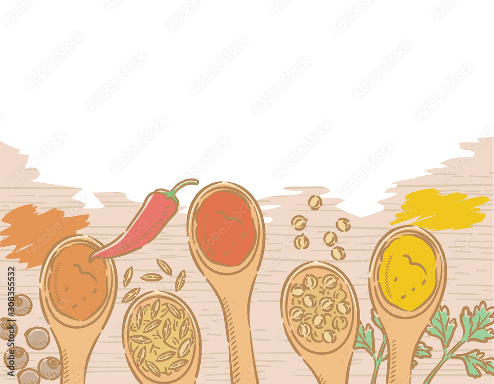 Spices on spoons for curry. - obrazy, fototapety, plakaty 
