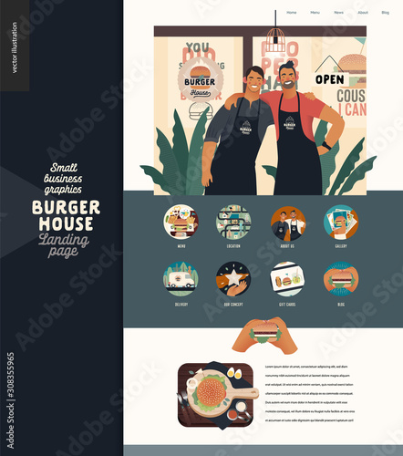 Burger house -small business graphics - landing page design template -modern flat vector concept illustrations -two young men wearing branded aprons standing embraced, icons, burger on cutting board