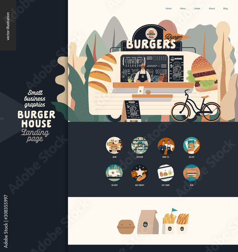 Burger house - small business graphics - landing page design template - modern flat vector concept illustration of a burgers street food truck van, seller, menu, pavement sign, bicycle, icons