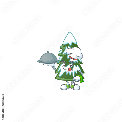 smiling christmas tree snow as a Chef with food cartoon style design
