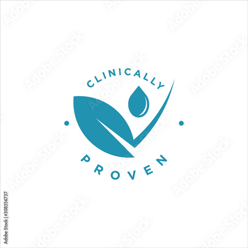 simple modern emblem with clinically proven text and water drop, leaf vector in blue color for health or beauty certified product