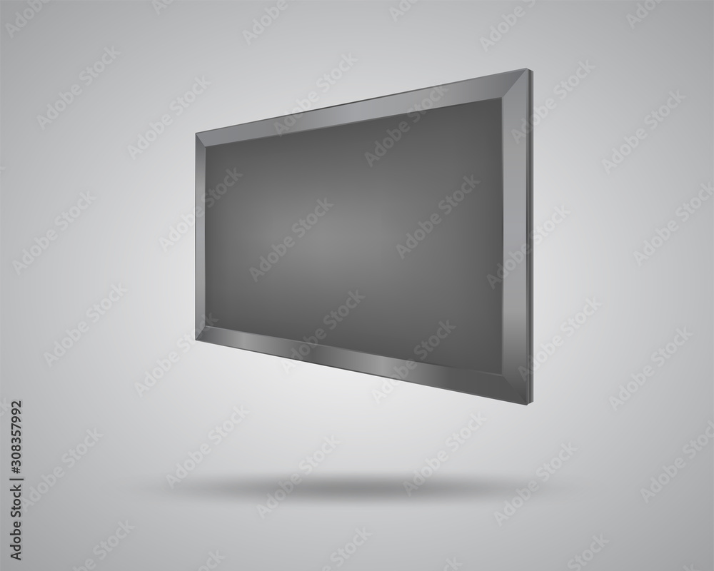 Grey screen side angle view isolated on white. Vector hdtv equipment, realistic plasma monitor, hanging on the wall. Advertising poster mock-up. Video widescreen, typical home entertainment device.