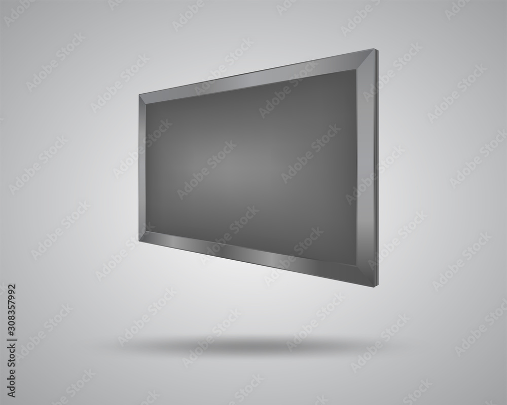 Grey screen side angle view isolated on white. Vector hdtv equipment, realistic plasma monitor, hanging on the wall. Advertising poster mock-up. Video widescreen, typical home entertainment device. Grey screen side angle view isolated on white. Vector hdtv equipment, realistic plasma monitor, hanging on the wall. Advertising poster mock-up. Video widescreen, typical home entertainment device.