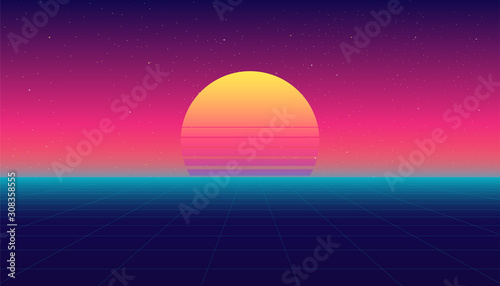 Retro future. 80s style sci-fi background with the sun rise. Futuristic retro background. Vector retro futuristic synth illustration in 1980s posters style. Suitable for any print design in 80s style