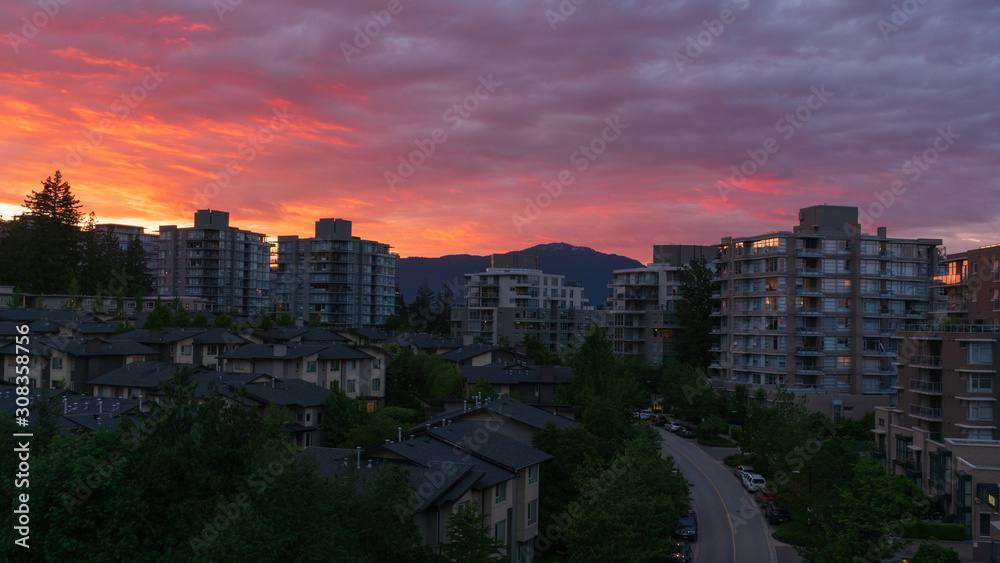 Sunset over a residential enclave on Burnaby Mountain