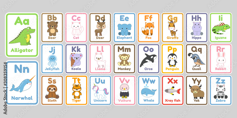 Plakat Śliczne litery alfabetu kawaii zwierząt dla dzieci