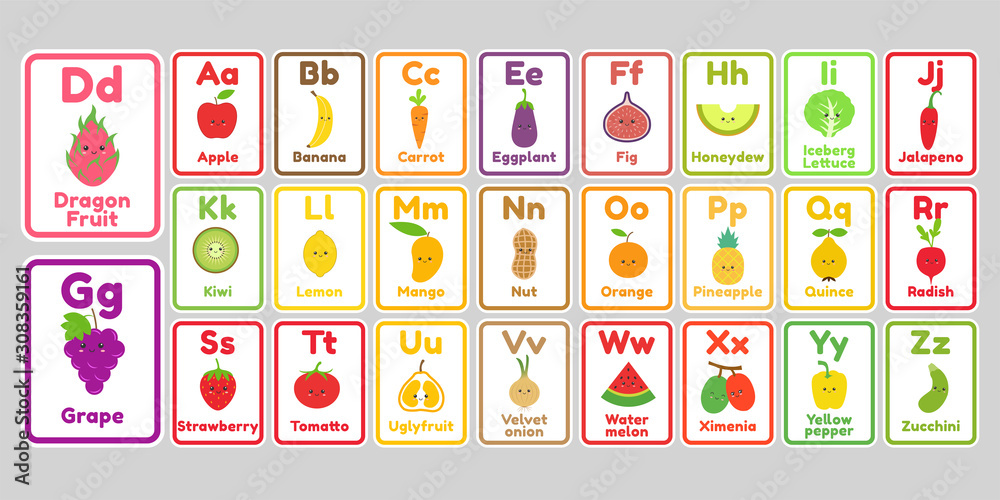 Plakat Śliczne litery alfabetu owoców i warzyw kawaii dla dzieci