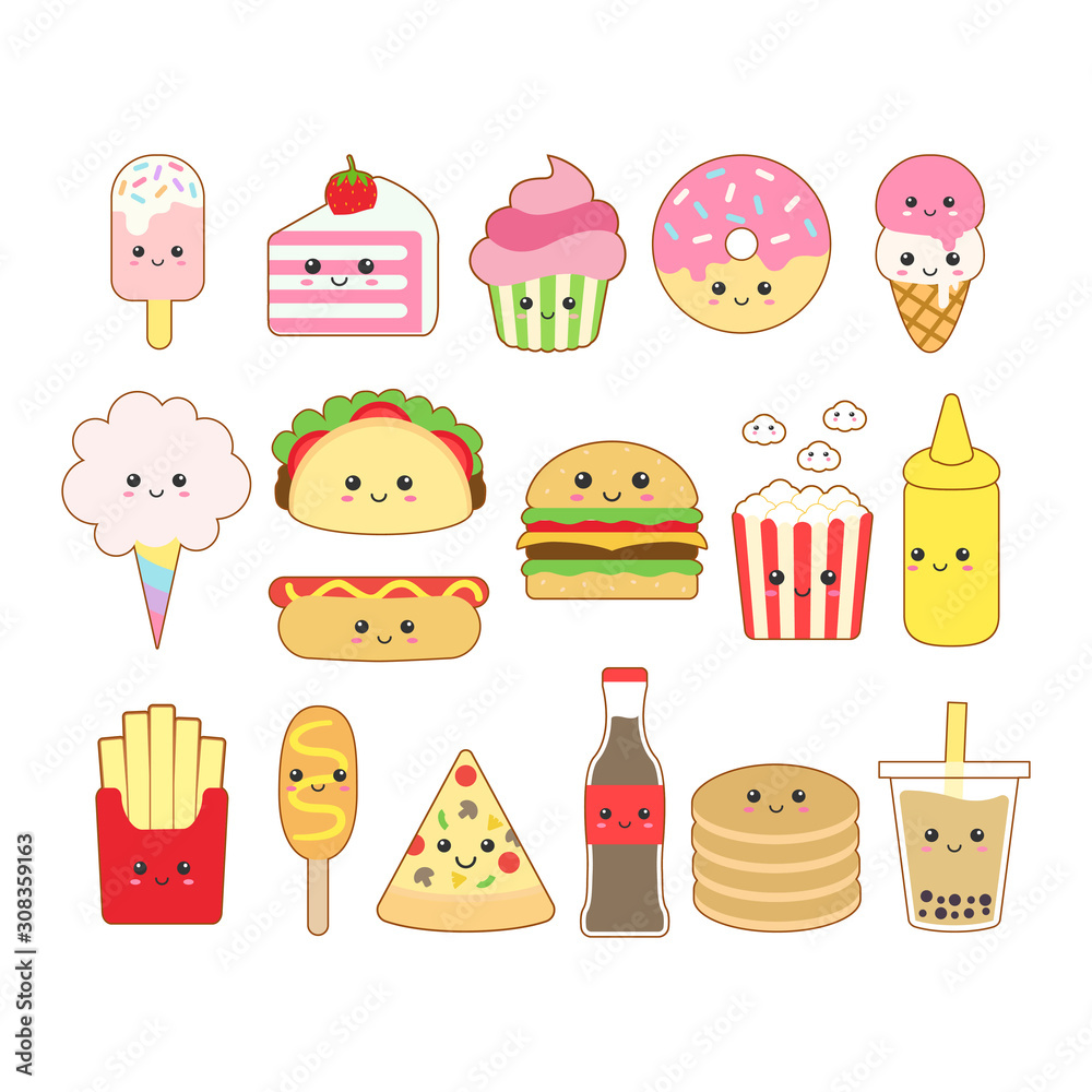 Vecteur Stock Cute kawaii junk food drawing illustration