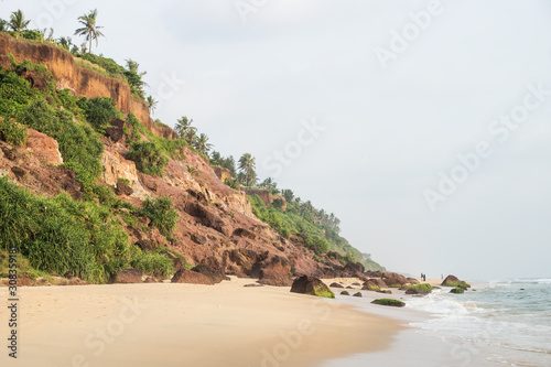 Cliff of Varkala along the coast with volcanic stones, India
