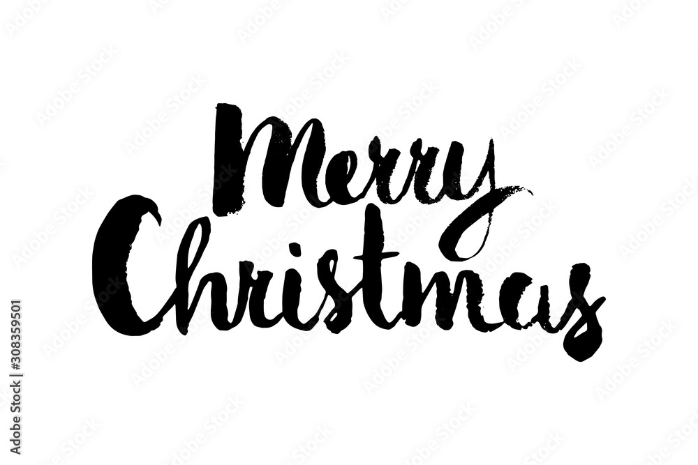 Hand drawn phrase Merry Christmas isolated on white background. Card with the lettering quote. Vector illustration