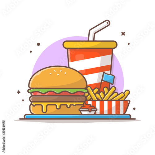 Tasty Combo Kid Meal Menu Cheese Burger with French Fries and Soda Vector Illustration. Flat Cartoon Style Suitable for Web Landing Page,  Banner, Flyer, Sticker, Wallpaper, Card, Background