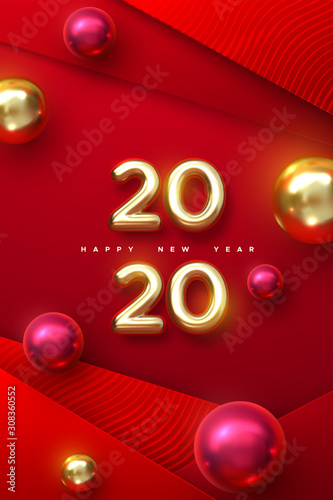 Happy New 2020 Year. Holiday vector illustration of golden metallic numbers 2020 with christmas balls. Realistic 3d sign. Red papercut background. Festive poster or stories template design