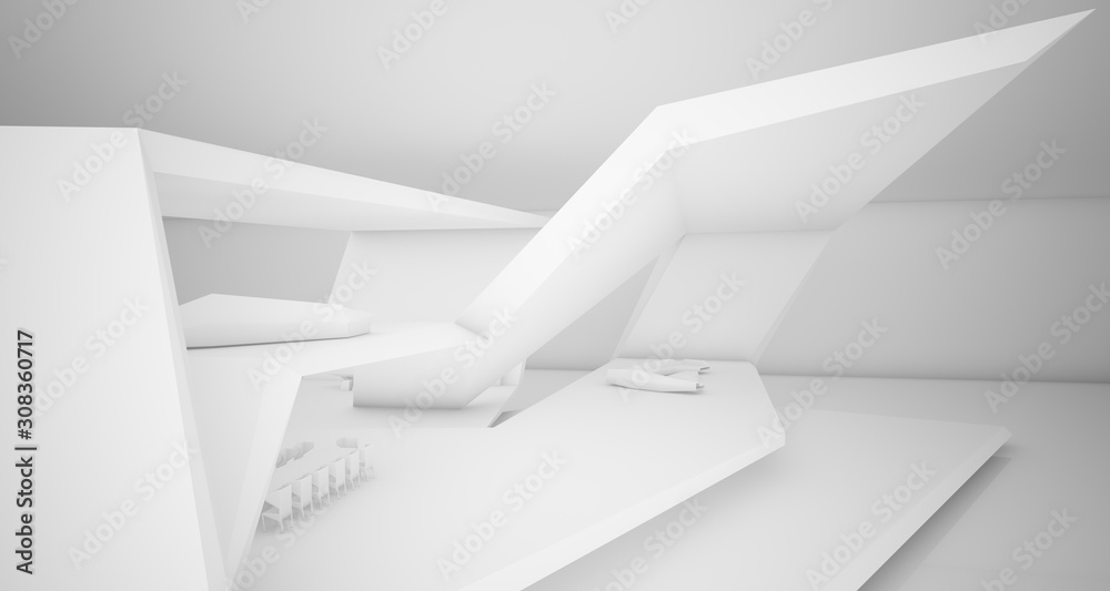 Abstract architectural white interior of a minimalist house with swimming pool. 3D illustration and rendering.