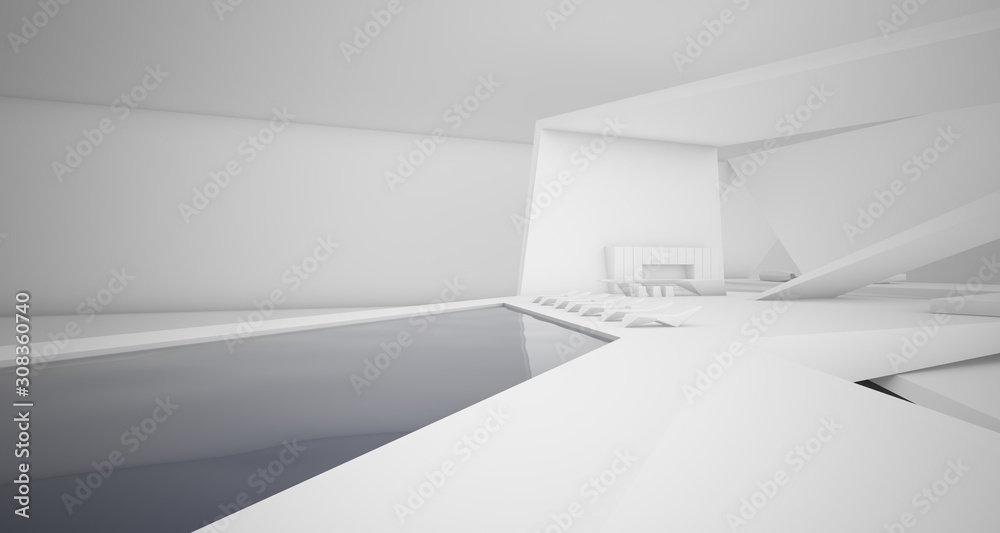 custom made wallpaper toronto digitalAbstract architectural white interior of a minimalist house with swimming pool. 3D illustration and rendering.