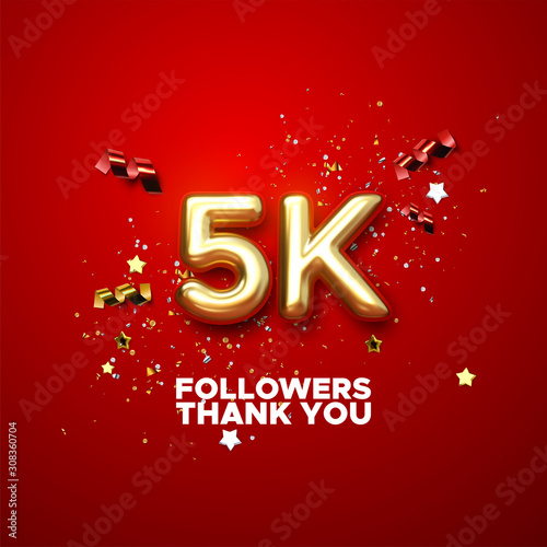 5 thousand. Thank you followers. Vector 3d illustration for blog or post design. 5K golden sign with confetti on red background. Social media festive banner.