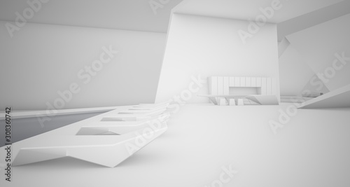 Abstract architectural white interior of a minimalist house with swimming pool. 3D illustration and rendering.