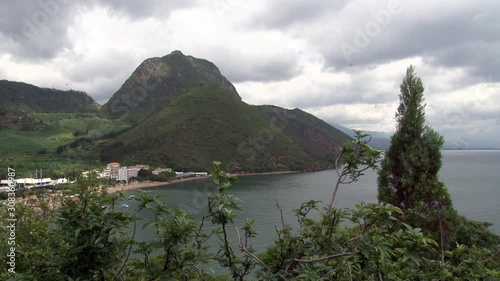 Plants on coast of Fuxian Lake on background landscape of mountain and fog. Unique mountain lake in Yunnan Province China. Silence and tranquility nature of East Asia. photo