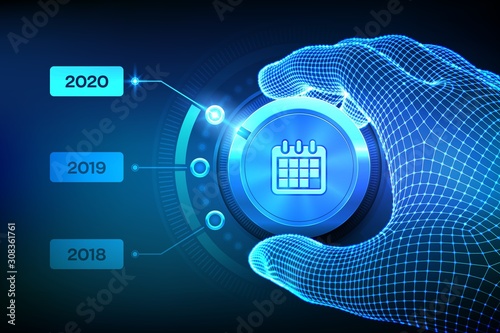 2020 new year change. Switch levels knob button on 2020. Wireframe hand setting calendar button on 2020 year position. Happy new year. New Year is coming concept. Vector illustration.