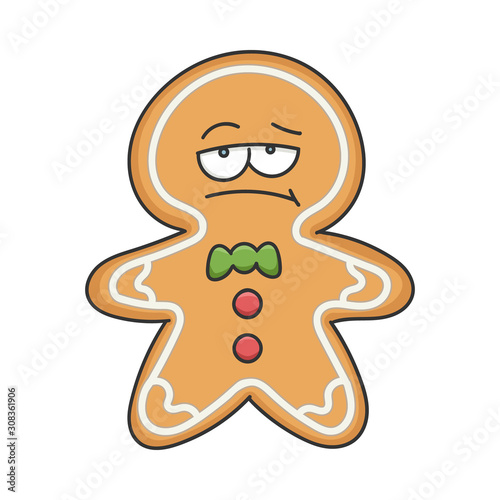 Bored Christmas holiday ginger bread cookie cartoon character isolated on white