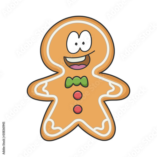 Happy smiling Christmas holiday ginger bread cookie cartoon character isolated on white