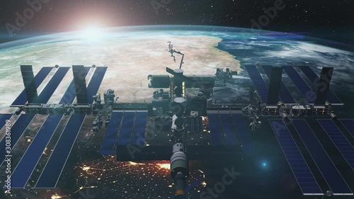 Close up of ISS orbiting realistic planet Earth. International Space Station revolving over ocean and mainland. Exploration mission. 3d render animation. 4K. Elements of this media furnished by NASA photo