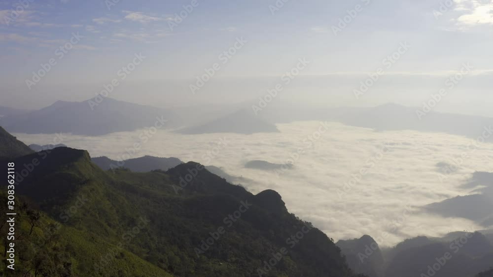 Aerial view Drone flying over a beautiful green mountain forest. Tourist destination on a hilltop during the foggy and beautiful light in the morning and sunset in Chiang Rai Thailand. Footage B roll. Aerial view Drone flying over a beautiful green mountain forest. Tourist destination on a hilltop during the foggy and beautiful light in the morning and sunset in Chiang Rai Thailand. Footage B roll.