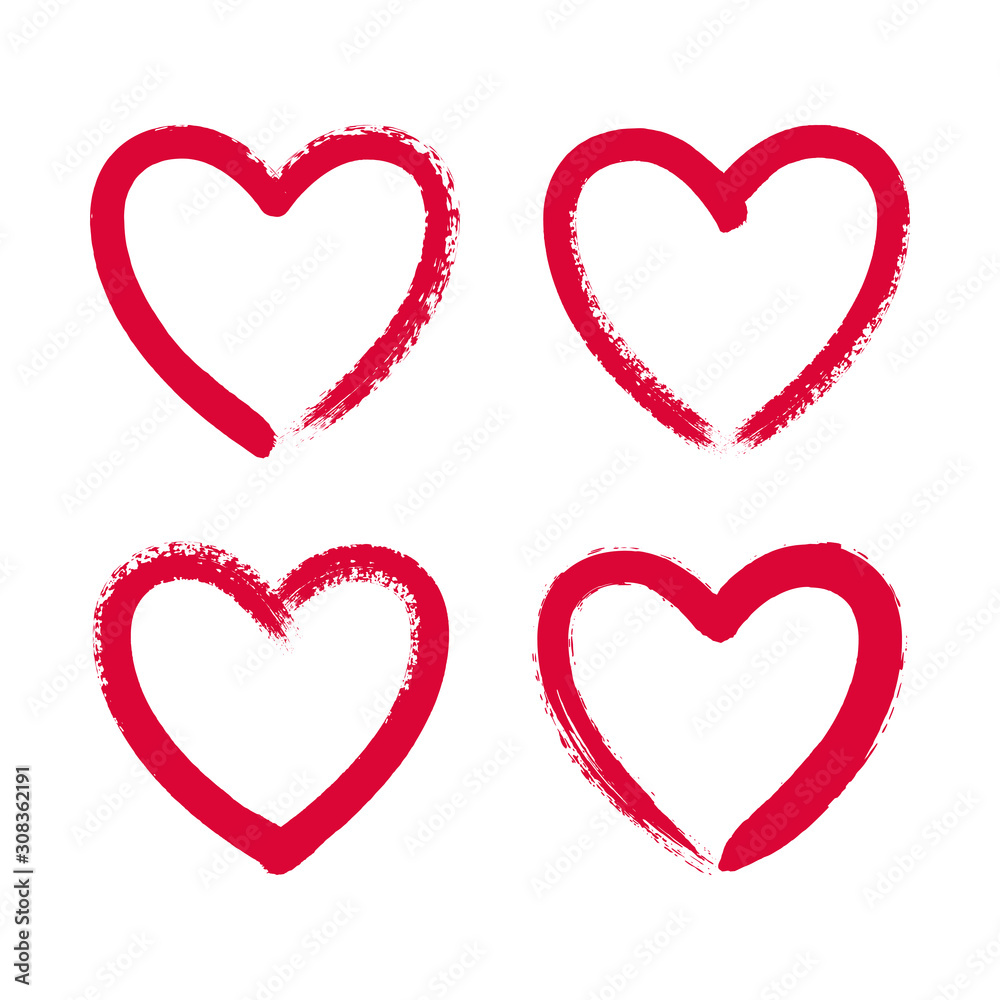 Hand drawn red heart frame. Hand painted ink brush strokes. Vector grunge hearts set.