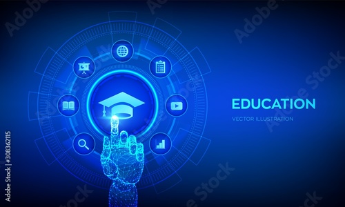 Education. Innovative online e-learning and internet technology concept. Webinar, knowledge, online training courses. Skill development. Robotic hand touching digital interface. Vector illustration.