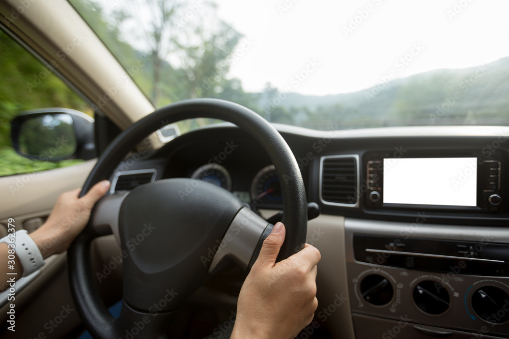 People driving car on country road