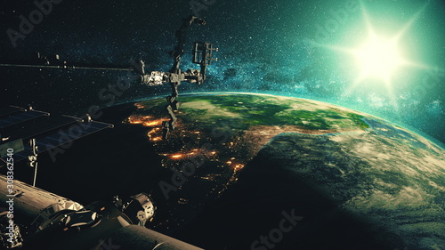 Detailed of ISS orbiting realistic planet Earth. International Space Station explore globe surface and atmosphere with antenna equipment. 3d render animation. Elements of this media furnished by NASA.