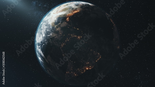 Earth view from space rotation night to day transition. Sunrise sunset skyline. Realistic planet orbit zooming in. Bright sun flare. 3d render animation. Elements of this media furnished by NASA.