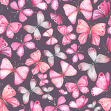  Watercolor seamless pattern with pink butterflies.