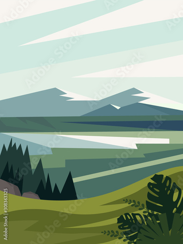 Beautiful modern view of nature landscape with forest, mountains,river,lake,waterfall,and pines. Banner, background scenery vector illustration © L_Nuge