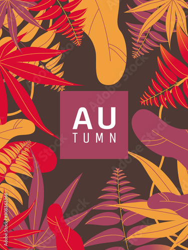 Autumn poster design, various colorful leaves on dark brown