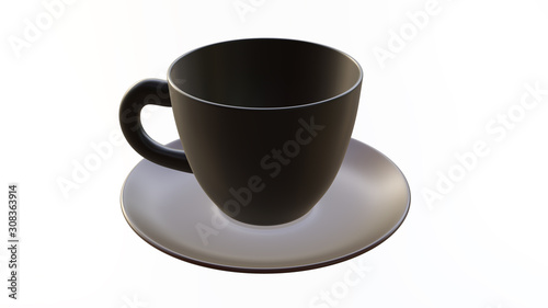 Coffee cup and plate, 3D rendering image.