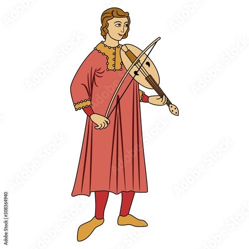 Isolated vector illustration. Medieval young man playing the violin.
