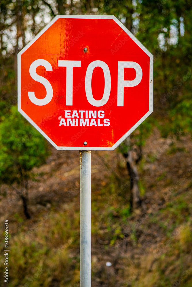 Vertical image of a tradional red traffic warning sign with humorous sustainable message 'STOP Eating Animals' in support of vegetarian and vegan lifestyle Vertical image of a tradional red traffic warning sign with humorous sustainable message 'STOP Eating Animals' in support of vegetarian and vegan lifestyle