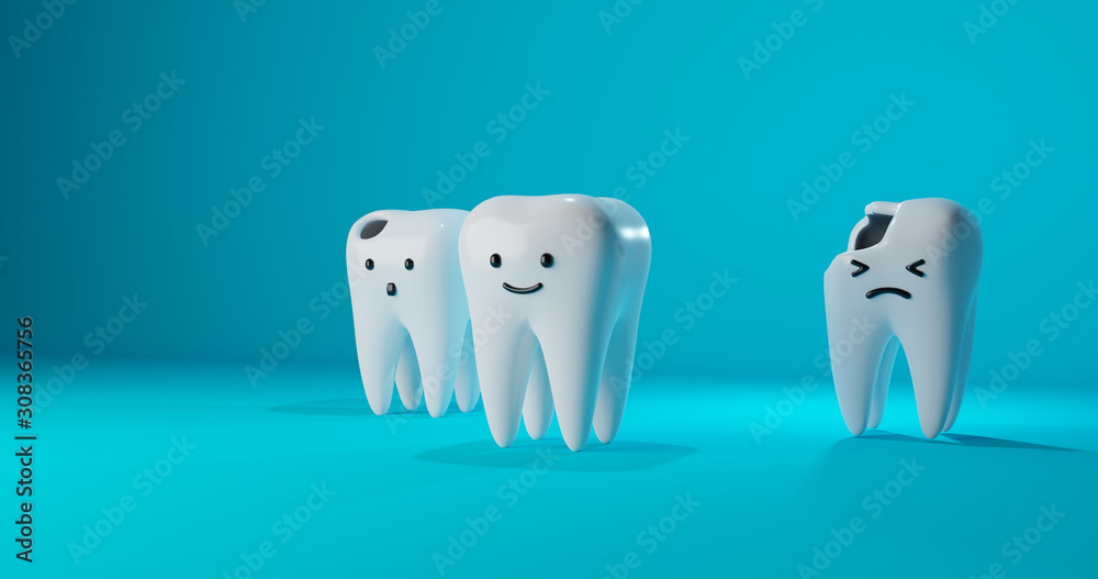 Image of cartoon style tooth character: a healthy tooth, teeth with a hole and caries. Concept for dental clinic, medicine, treatment of children's teeth design. 3d render illustration. Image of cartoon style tooth character: a healthy tooth, teeth with a hole and caries. Concept for dental clinic, medicine, treatment of children's teeth design. 3d render illustration.